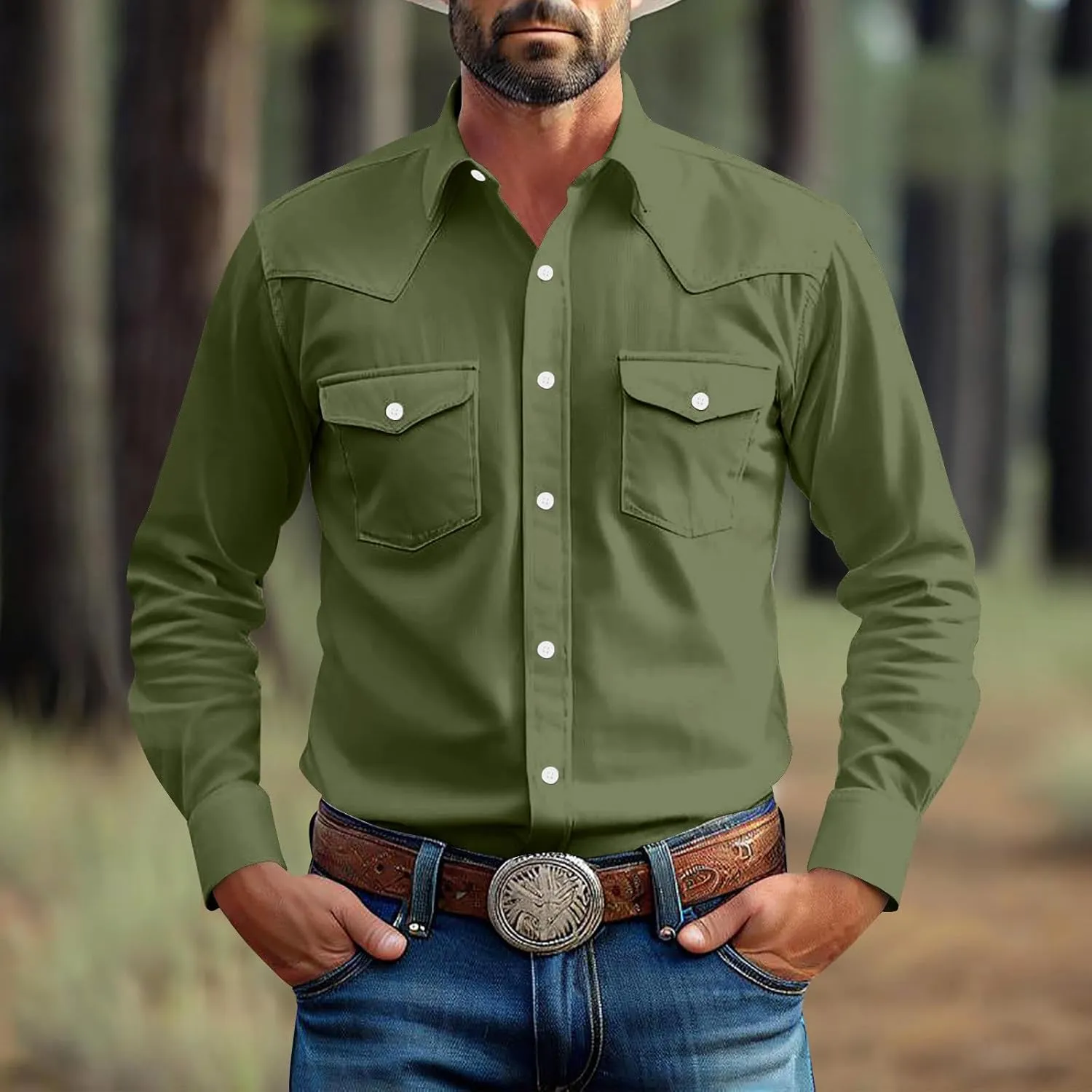 Men's Vintage Western Button Up Casual Cowboy Shirts Long Sleeve Lapel Collar Formal Work Dress Top with Front Pockets
