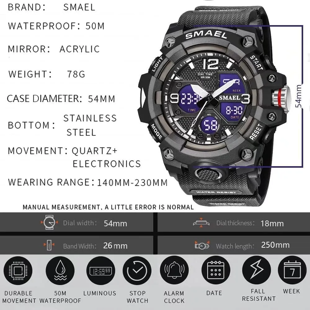 Men's Watches Military Outdoor Waterproof Sports Wrist Watch Date Multi Function LED Alarm Stopwatch, Digital Watches for Mens