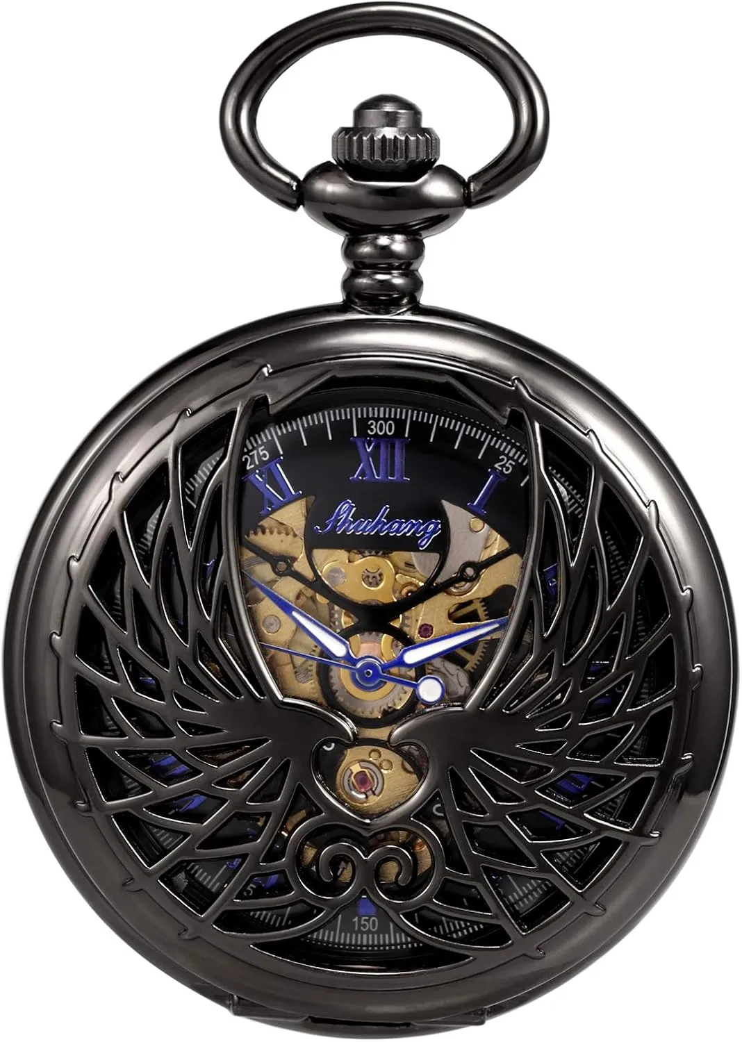 Men's Women's Pocket Watch Mechanical Skeleton Eagle Wings Double Hollow Case Roman Numeral with Chain Gift Box