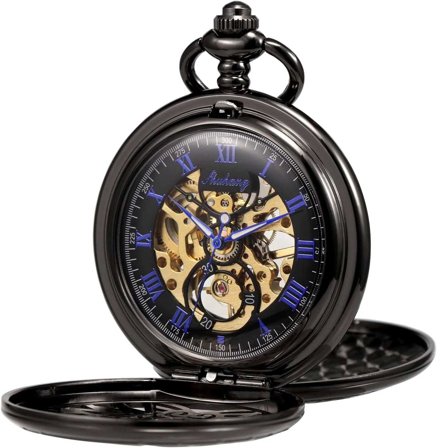 Men's Women's Pocket Watch Mechanical Skeleton Eagle Wings Double Hollow Case Roman Numeral with Chain Gift Box