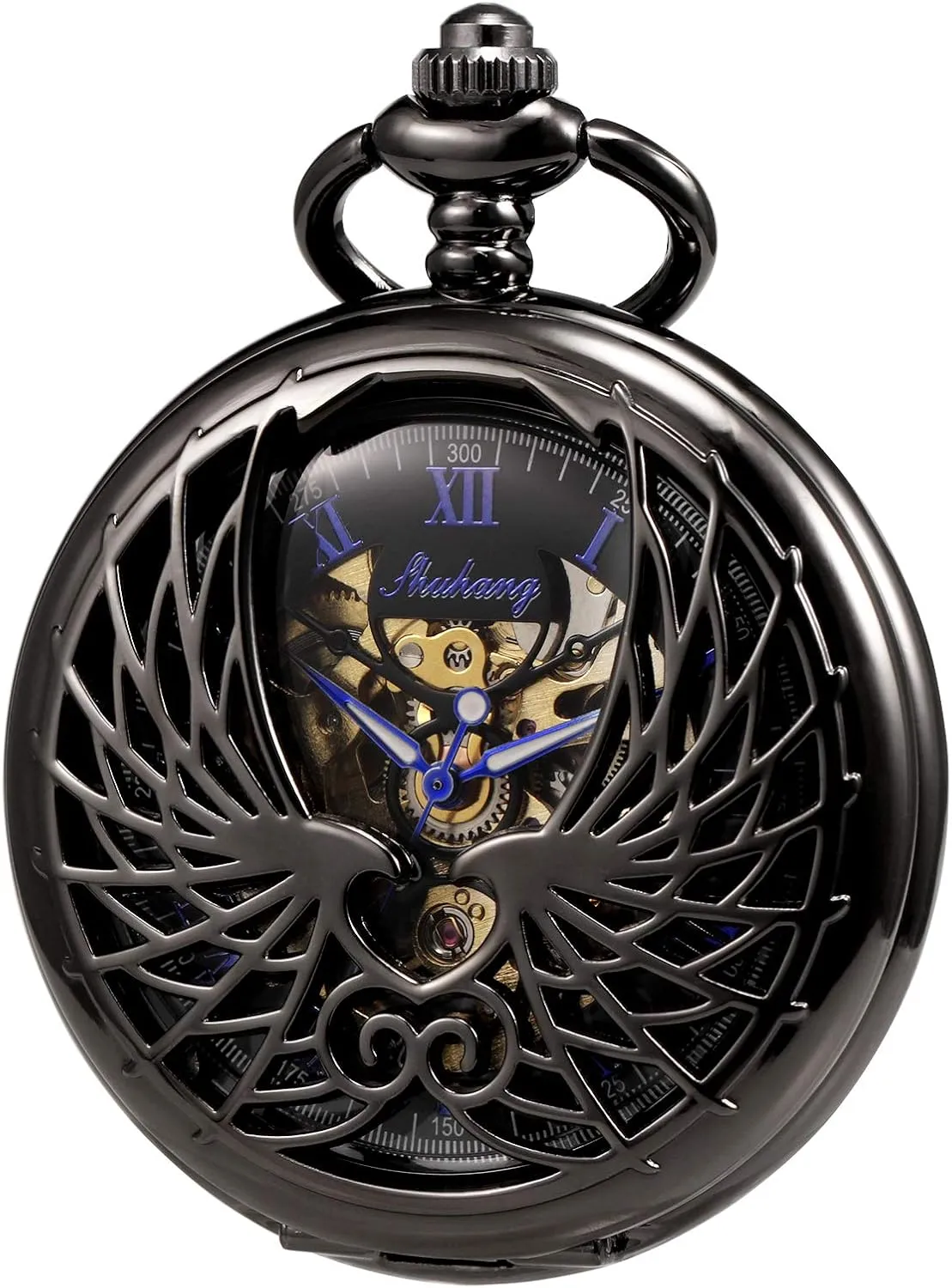 Men's Women's Pocket Watch Mechanical Skeleton Eagle Wings Double Hollow Case Roman Numeral with Chain Gift Box