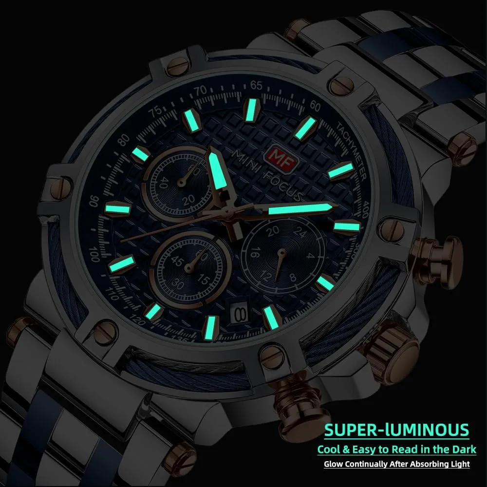 MF MINI FOCUS Business Men Watches (Chronograph/Waterproof/Luminous/Calendar/24 Hours) Big Face Stainless Steel Band Watches for Men