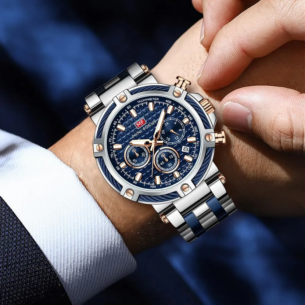 MF MINI FOCUS Business Men Watches (Chronograph/Waterproof/Luminous/Calendar/24 Hours) Big Face Stainless Steel Band Watches for Men
