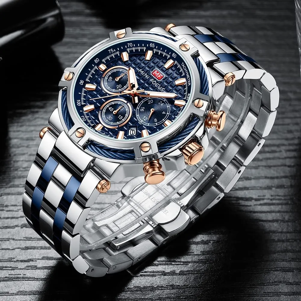 MF MINI FOCUS Business Men Watches (Chronograph/Waterproof/Luminous/Calendar/24 Hours) Big Face Stainless Steel Band Watches for Men