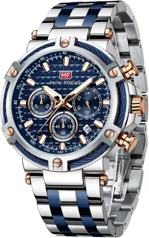 MF MINI FOCUS Business Men Watches (Chronograph/Waterproof/Luminous/Calendar/24 Hours) Big Face Stainless Steel Band Watches for Men