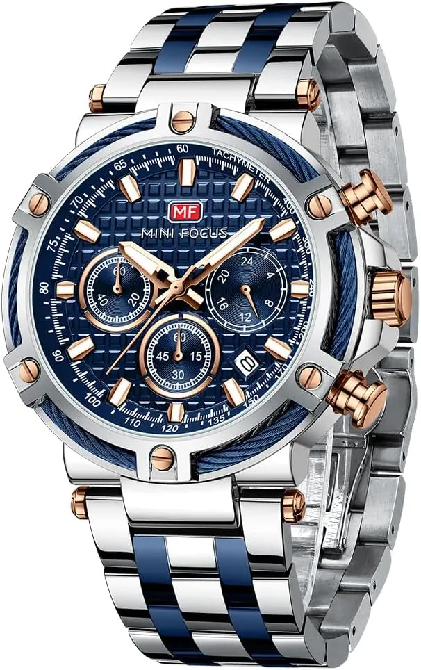 MF MINI FOCUS Business Men Watches (Chronograph/Waterproof/Luminous/Calendar/24 Hours) Big Face Stainless Steel Band Watches for Men