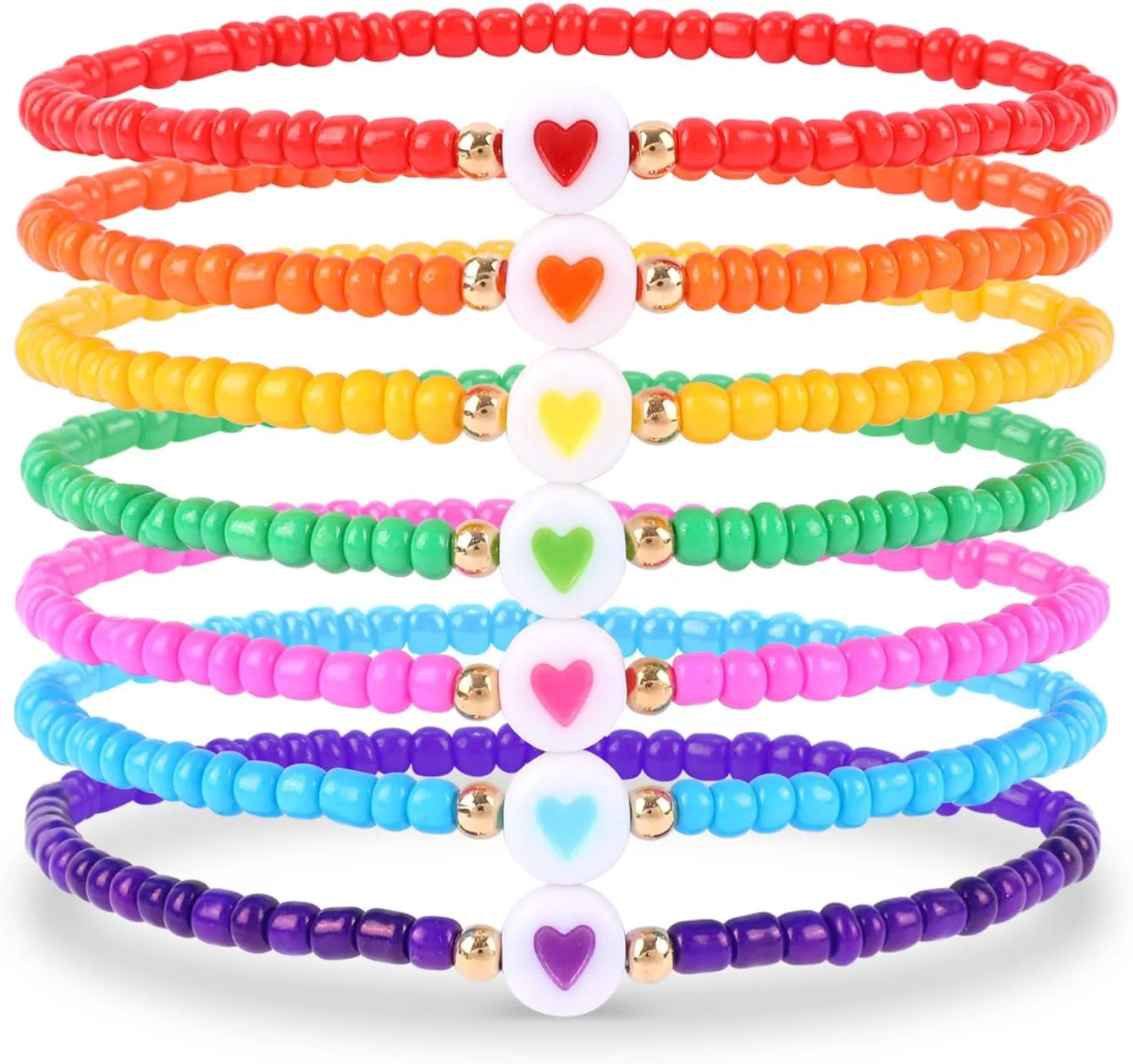Miss Rabbit Colorful Beaded Bracelets Set for Women Stackable Glass Beads Stretch Bracelets Clay Preppy Bracelets Heart Beads Friendship Bracelets Team Cheer Bulk Boho Summer Beach Jewelry Gift