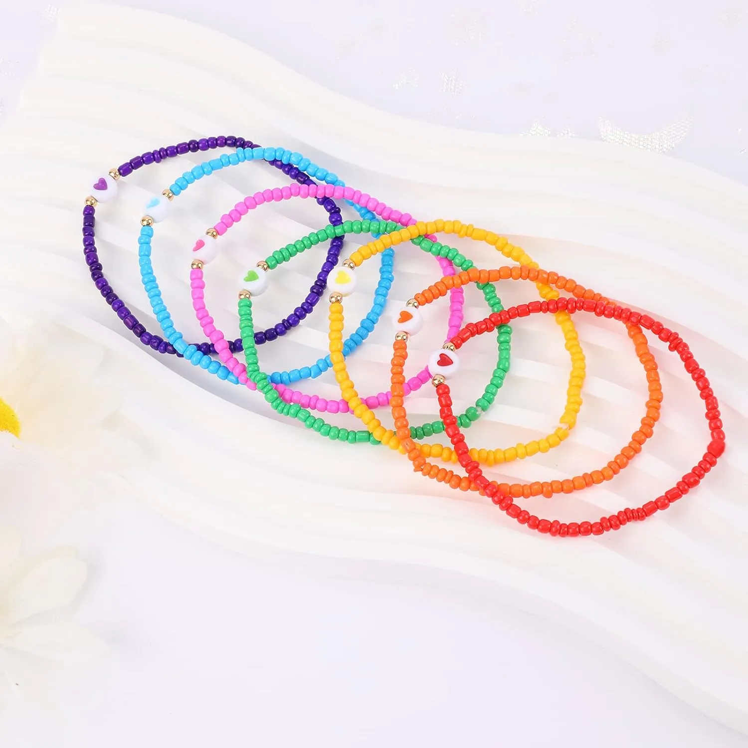 Miss Rabbit Colorful Beaded Bracelets Set for Women Stackable Glass Beads Stretch Bracelets Clay Preppy Bracelets Heart Beads Friendship Bracelets Team Cheer Bulk Boho Summer Beach Jewelry Gift