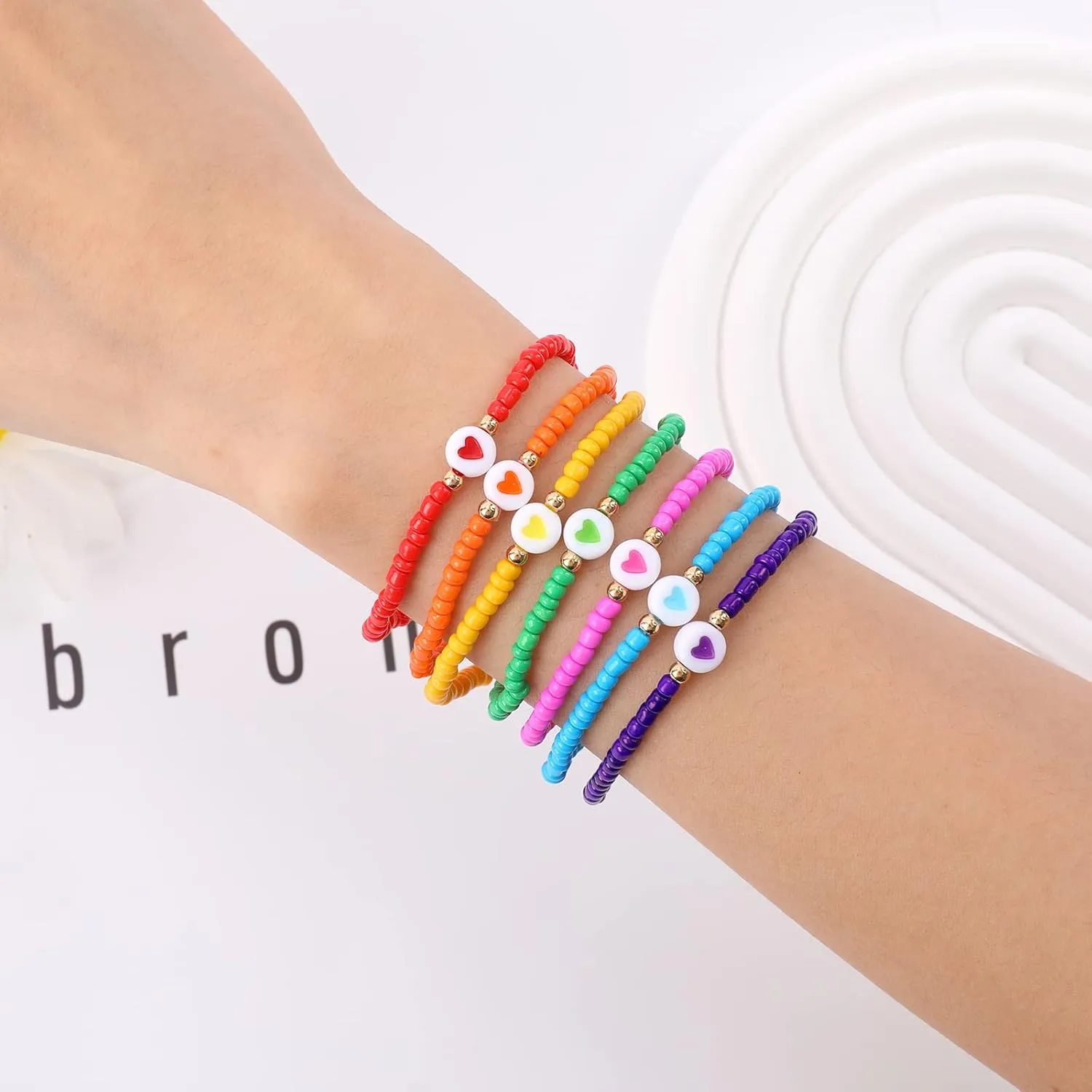 Miss Rabbit Colorful Beaded Bracelets Set for Women Stackable Glass Beads Stretch Bracelets Clay Preppy Bracelets Heart Beads Friendship Bracelets Team Cheer Bulk Boho Summer Beach Jewelry Gift