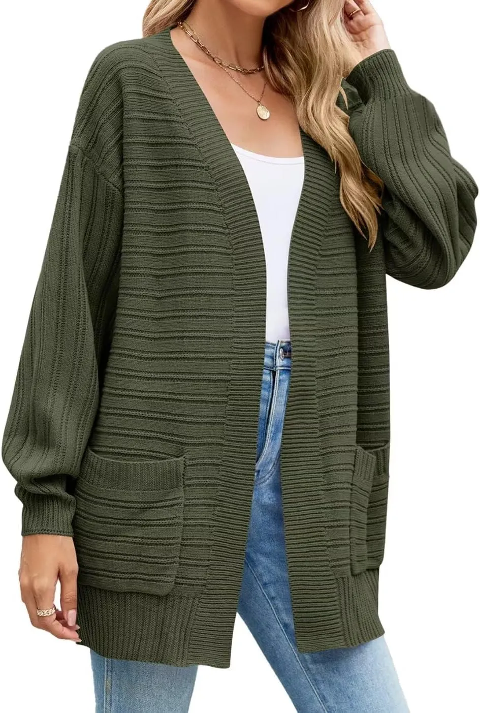 MONNURO Womens Plus Size Cardigan Sweaters Cable Knit Open Front Puff Long Sleeve Fall Coat with Pockets