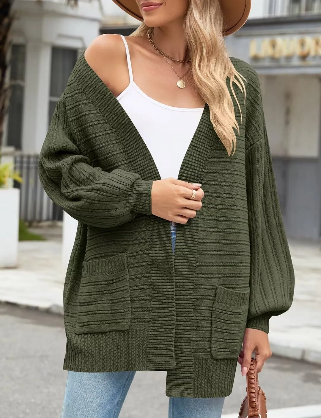 MONNURO Womens Plus Size Cardigan Sweaters Cable Knit Open Front Puff Long Sleeve Fall Coat with Pockets