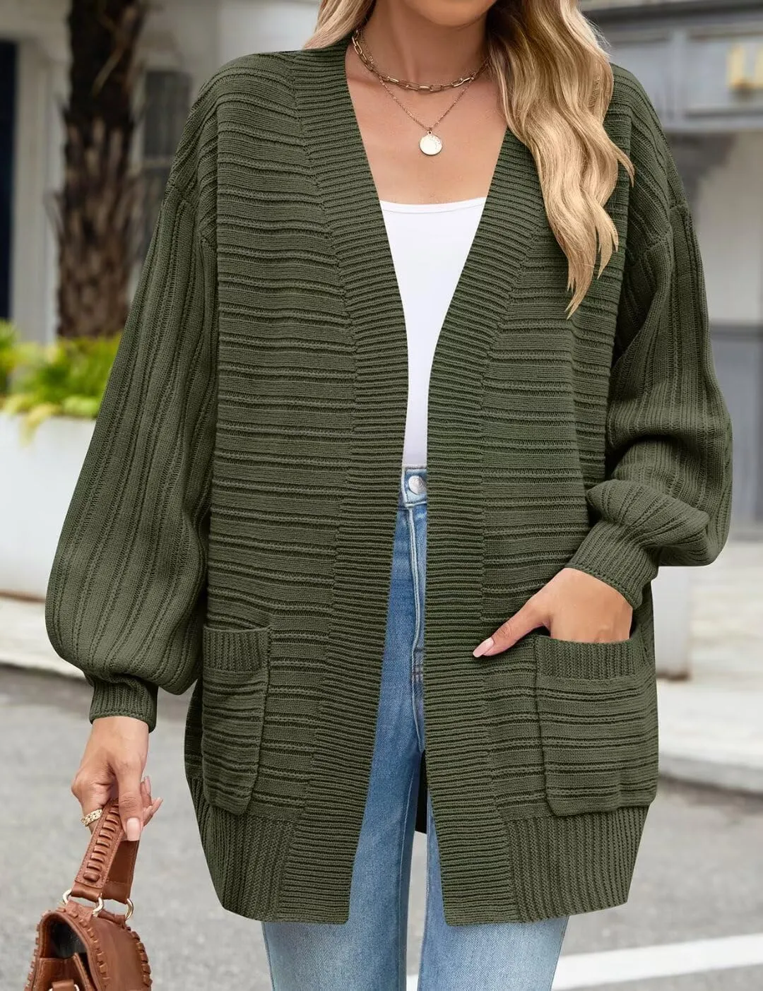 MONNURO Womens Plus Size Cardigan Sweaters Cable Knit Open Front Puff Long Sleeve Fall Coat with Pockets