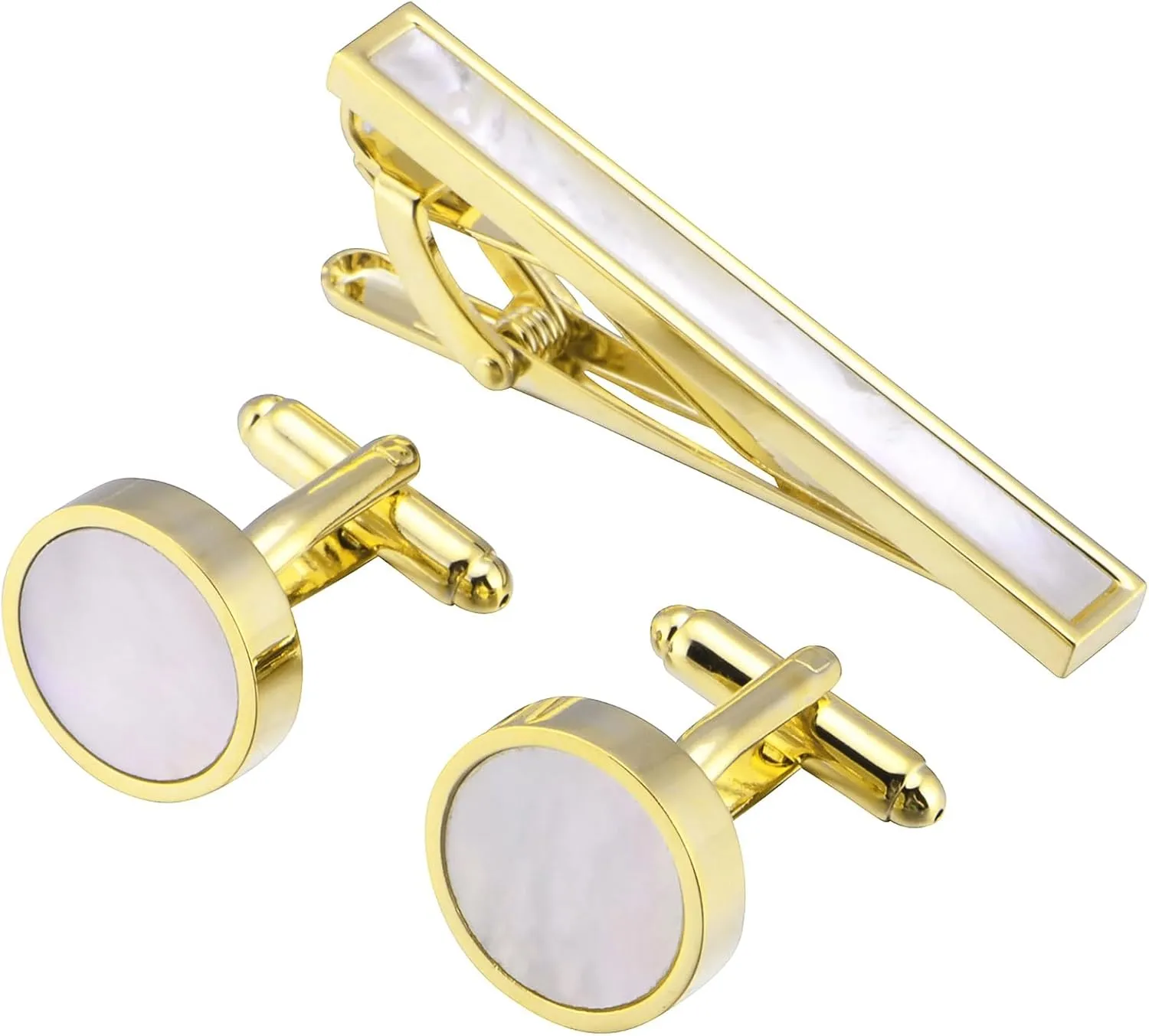 Mother of Pearl Men Cufflinks and Tie Clip Set Regular Necktie Tie Bar Pin Cuff Links for Wedding Business Shirt Tie