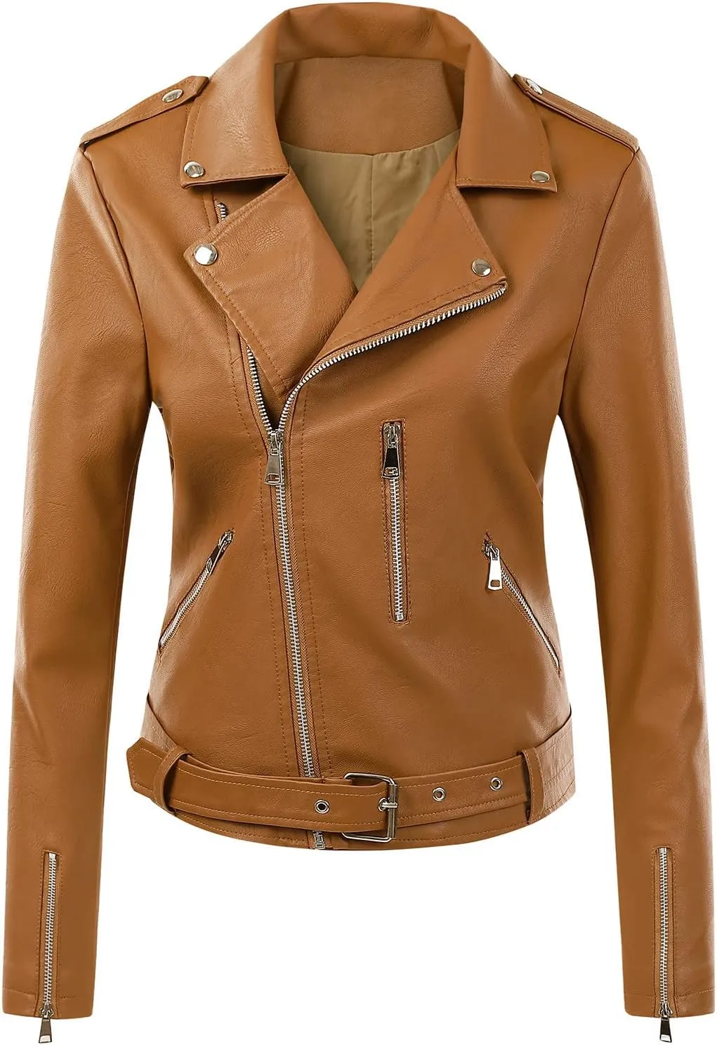NATHGAM Black Leather Jacket for Women Solid Long Sleeve Zipper Pockets Outerwear Coats Fashion Asymmetrical Style PU Jackets