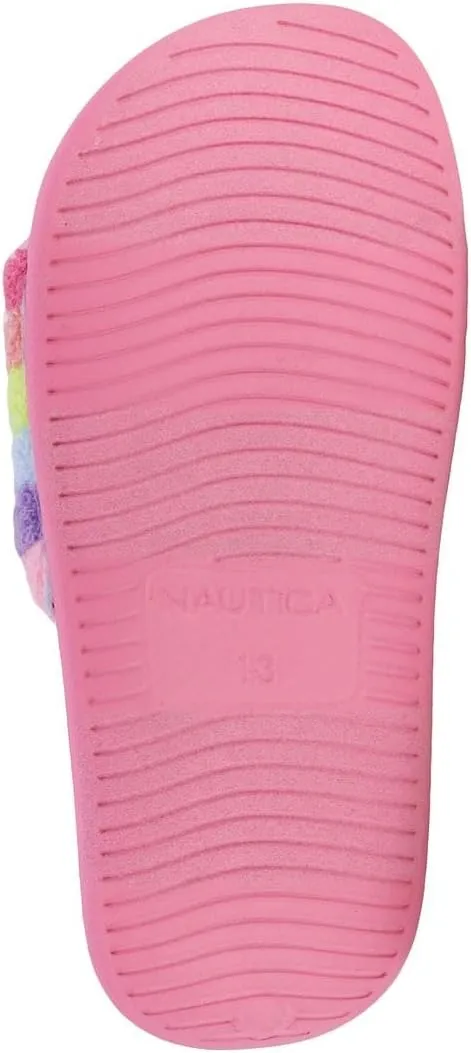 Nautica Kids Girls Slip-On Furry Slide Sandals ?C Athletic and Comfortable, Youth and Big Kid Sizes, Pastel Rainbow Design