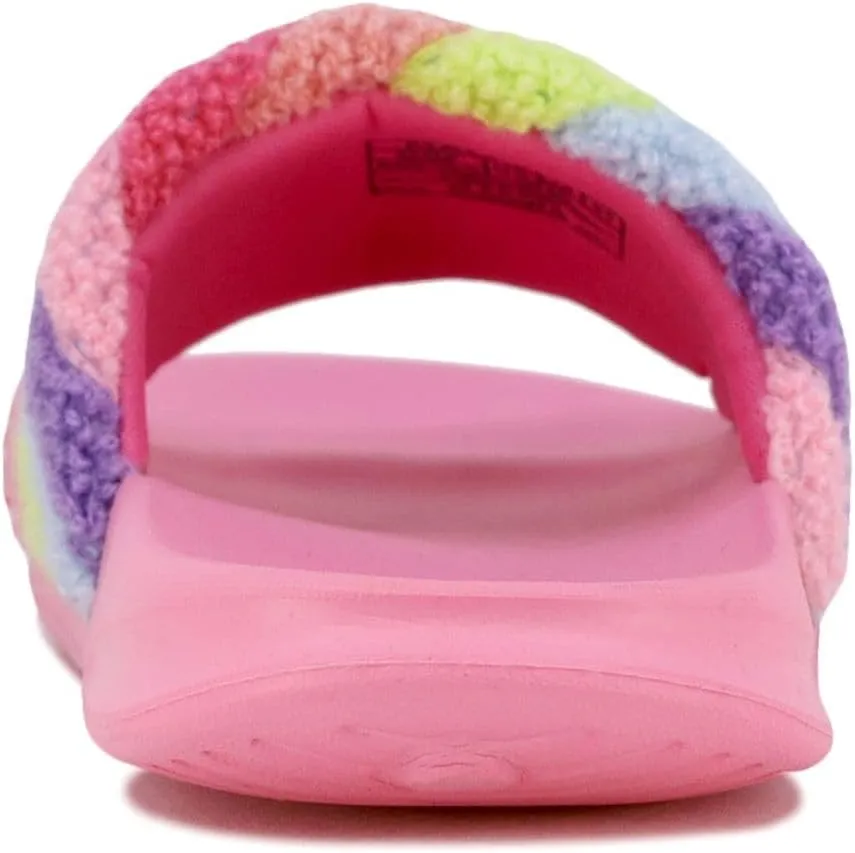 Nautica Kids Girls Slip-On Furry Slide Sandals ?C Athletic and Comfortable, Youth and Big Kid Sizes, Pastel Rainbow Design