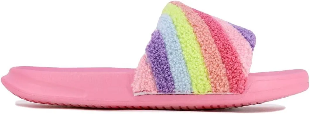Nautica Kids Girls Slip-On Furry Slide Sandals ?C Athletic and Comfortable, Youth and Big Kid Sizes, Pastel Rainbow Design