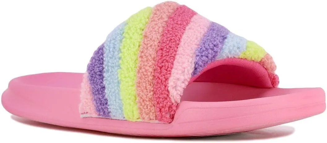 Nautica Kids Girls Slip-On Furry Slide Sandals ?C Athletic and Comfortable, Youth and Big Kid Sizes, Pastel Rainbow Design