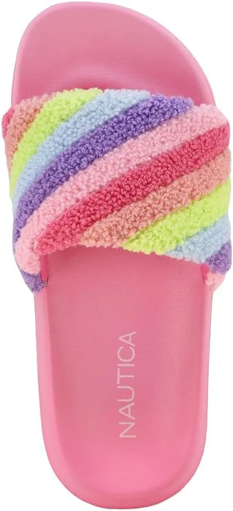 Nautica Kids Girls Slip-On Furry Slide Sandals ?C Athletic and Comfortable, Youth and Big Kid Sizes, Pastel Rainbow Design