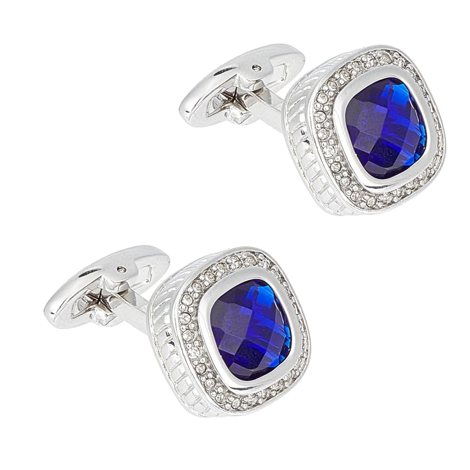 NICENEEDED Silver Tone Blue Crystal Cufflinks, Gem stone Cuff links for Men's Tuxedo Shirt, Copper Rhinestone Cuff Link for Wedding and Party Gown Clothing Decoration