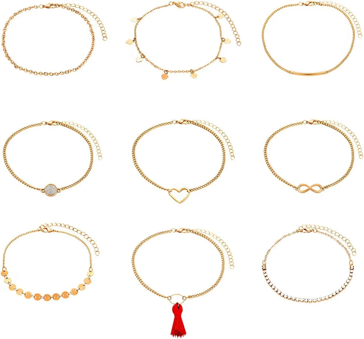 NVENF 9PCS Anklets for Women Layered Chain Ankle Bracelets Set Bohemia Heart Sequin Charm Anklets Adjustable Summer Beach Foot Jewelry