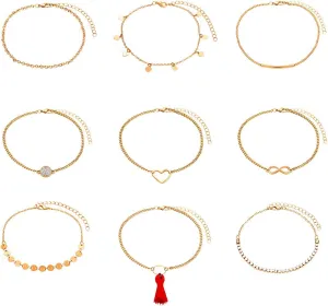 NVENF 9PCS Anklets for Women Layered Chain Ankle Bracelets Set Bohemia Heart Sequin Charm Anklets Adjustable Summer Beach Foot Jewelry