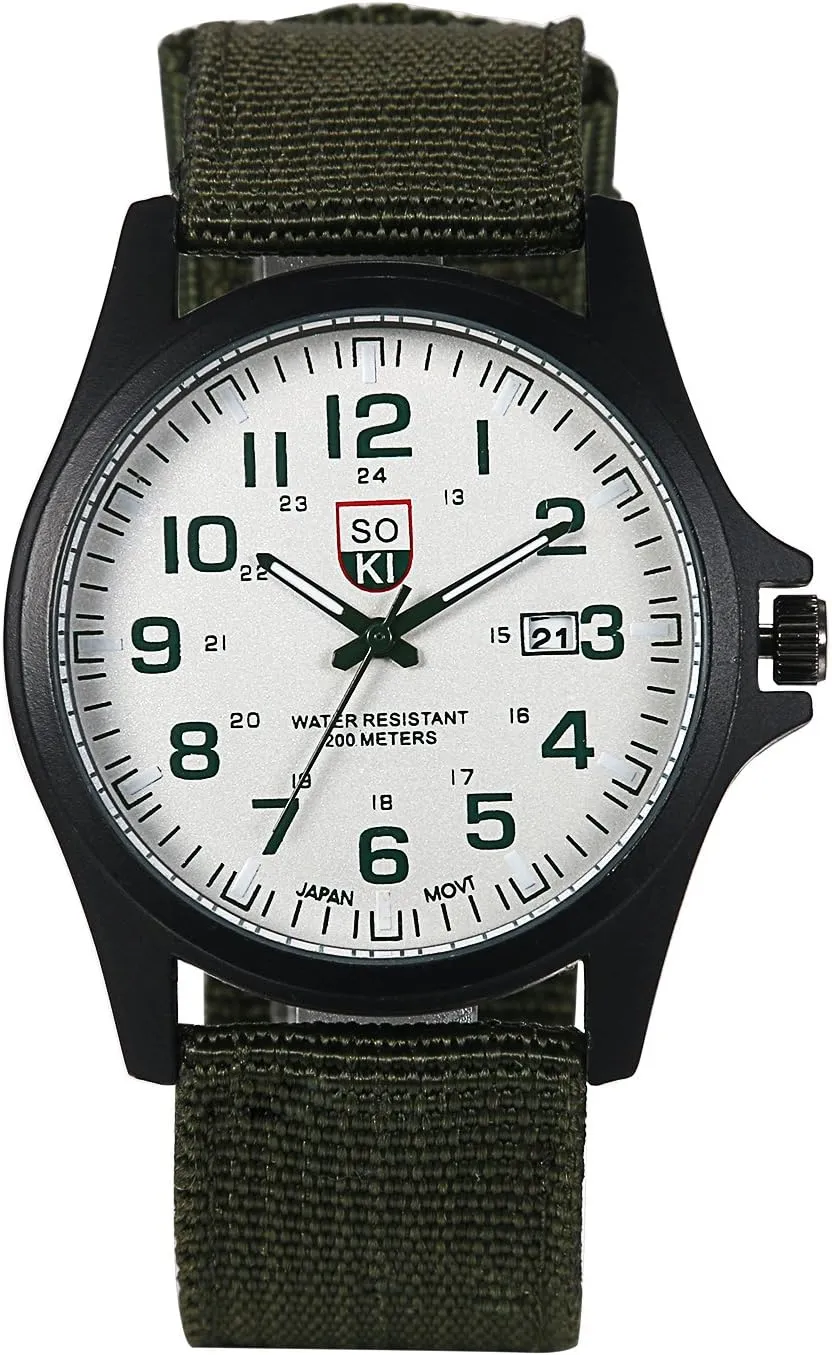 Nylon Band Military Watch: Men Black Waterproof Outdoor Sport Field Analog 24 Hours Wrist Watches Date Calendar Round Dial Army Wristwatch