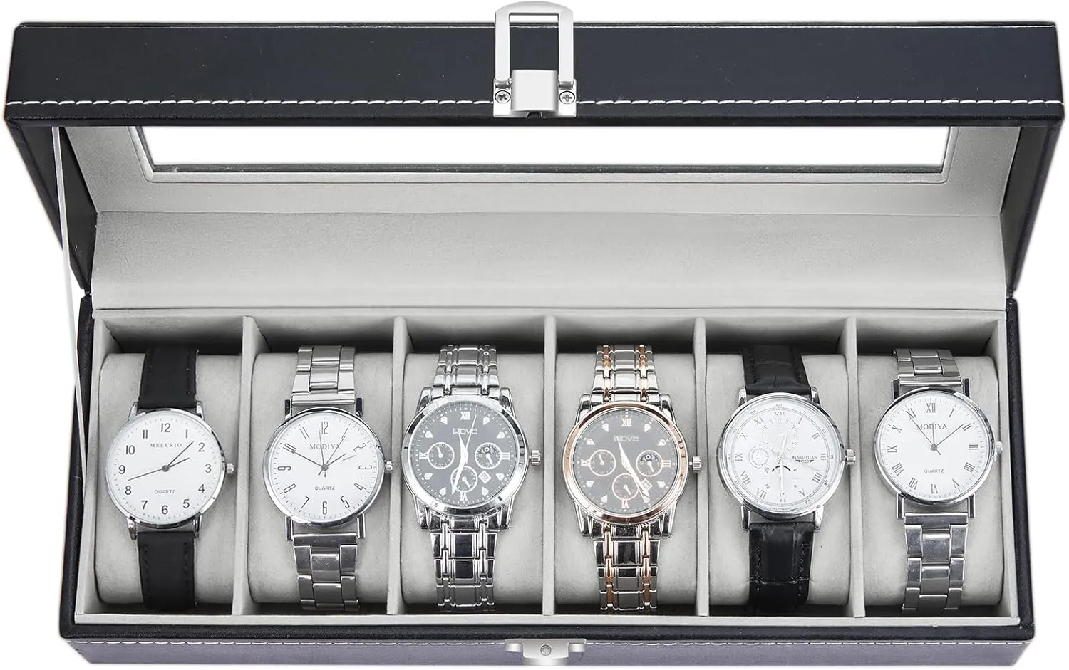 Ohuhu Watch Box, Watch Case 6-Slot PU Leather Real Glass Lid Watch Holder Jewelry Organizer Storage box Soft velvet Watch Display Case for Men and Women Birthday Fathers Day