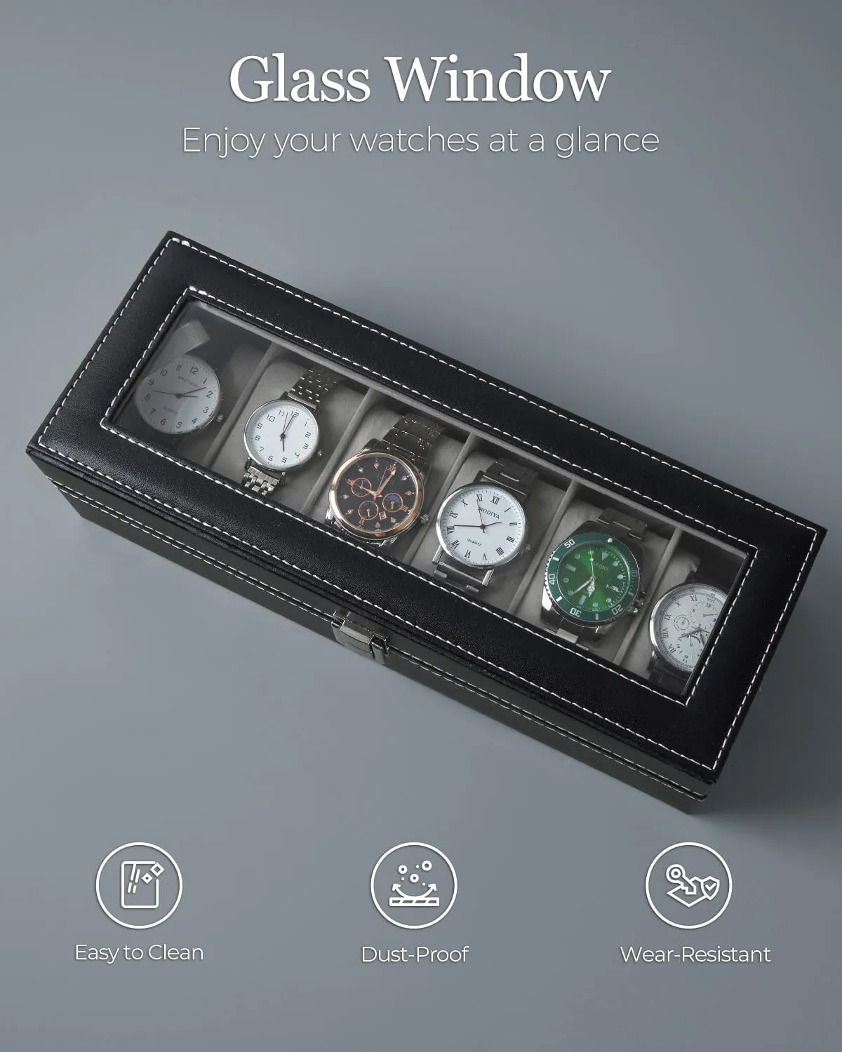 Ohuhu Watch Box, Watch Case 6-Slot PU Leather Real Glass Lid Watch Holder Jewelry Organizer Storage box Soft velvet Watch Display Case for Men and Women Birthday Fathers Day