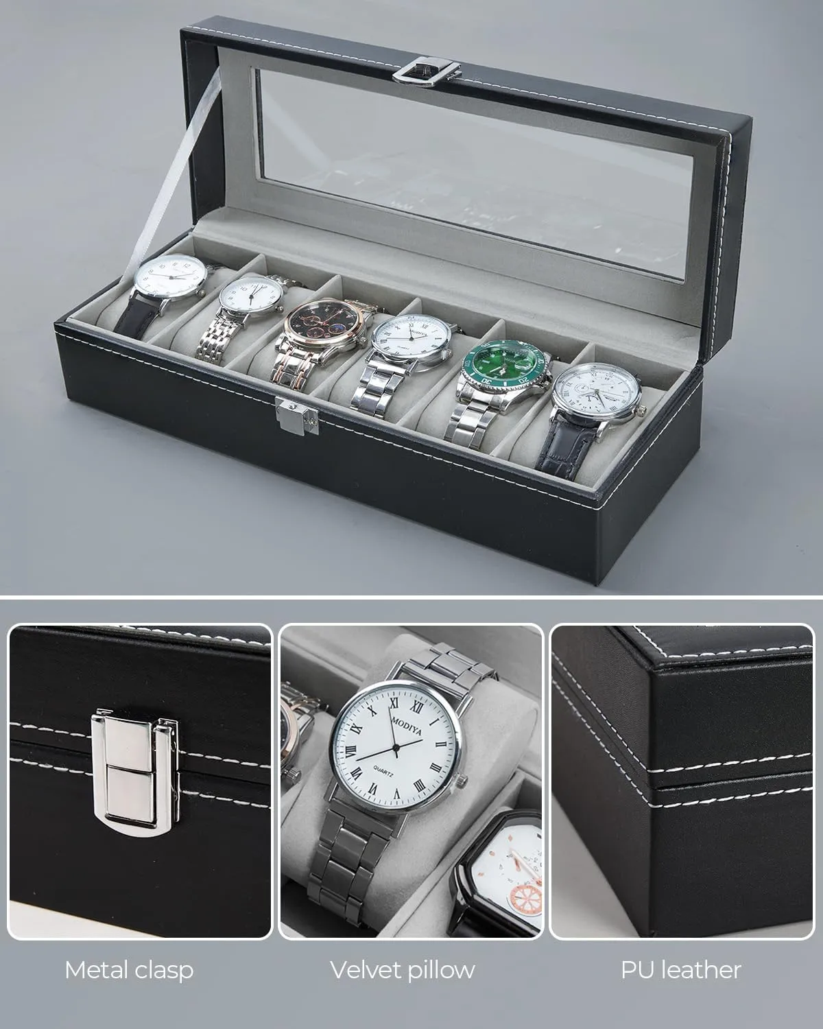 Ohuhu Watch Box, Watch Case 6-Slot PU Leather Real Glass Lid Watch Holder Jewelry Organizer Storage box Soft velvet Watch Display Case for Men and Women Birthday Fathers Day