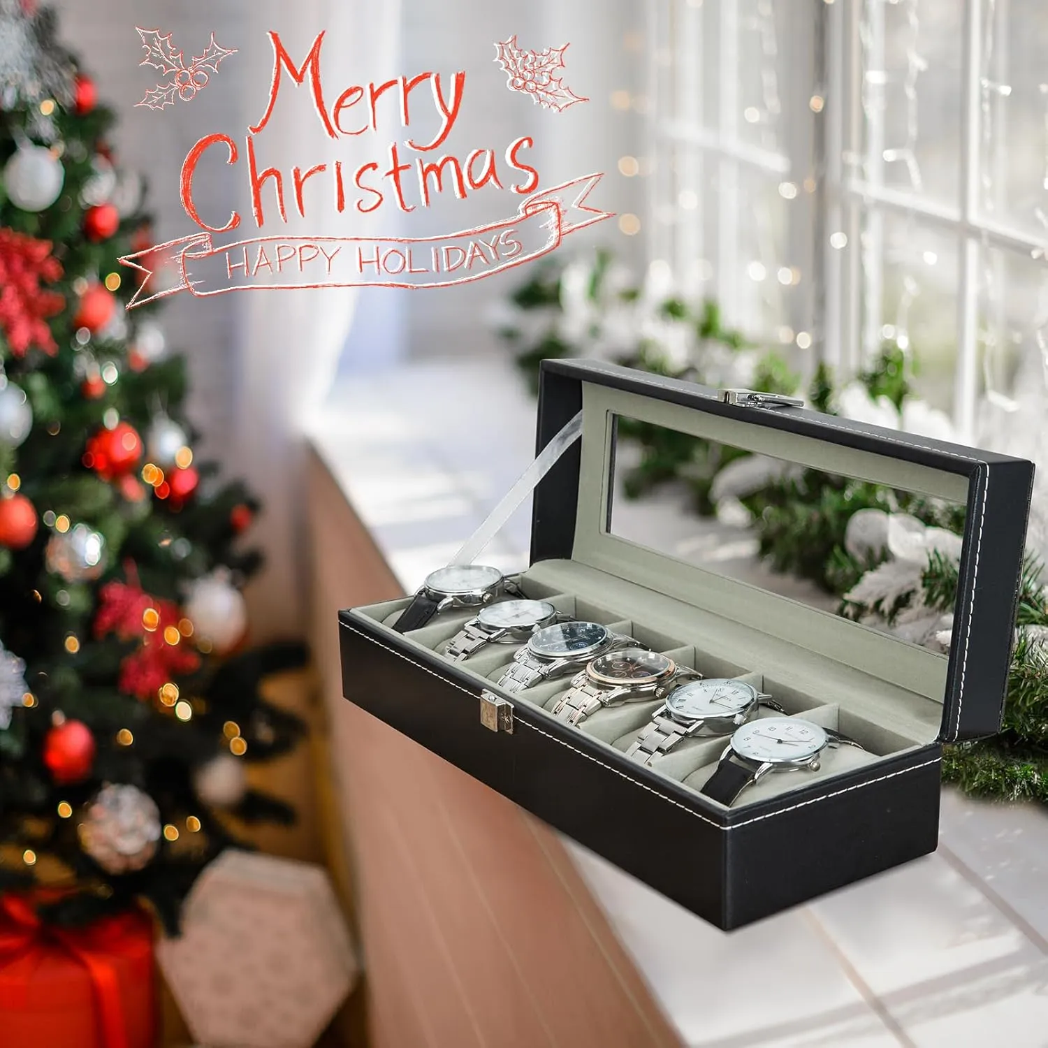 Ohuhu Watch Box, Watch Case 6-Slot PU Leather Real Glass Lid Watch Holder Jewelry Organizer Storage box Soft velvet Watch Display Case for Men and Women Birthday Fathers Day