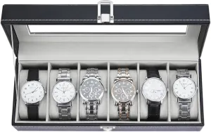 Ohuhu Watch Box, Watch Case 6-Slot PU Leather Real Glass Lid Watch Holder Jewelry Organizer Storage box Soft velvet Watch Display Case for Men and Women Birthday Fathers Day