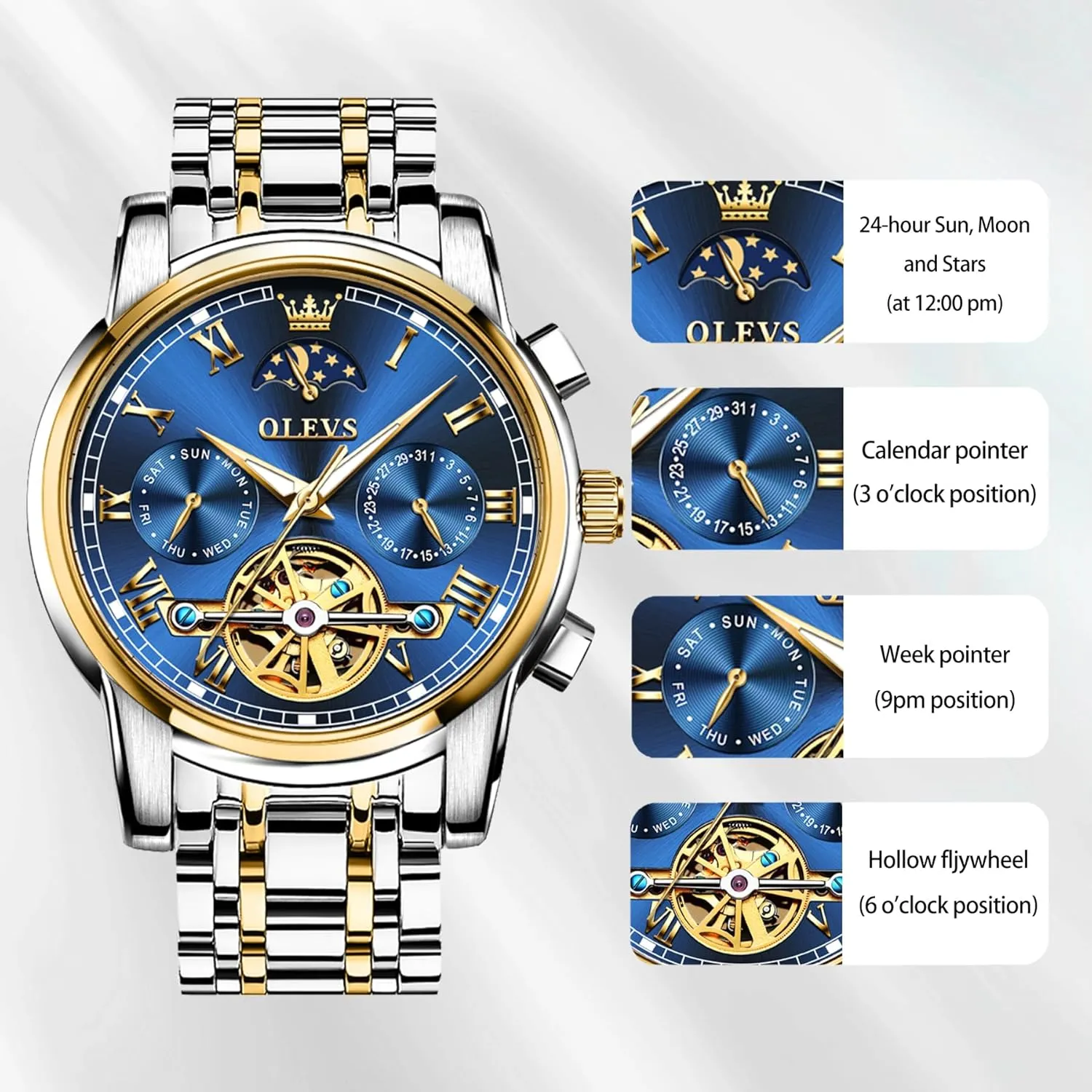 OLEVS Automatic Mechanical Watches for Men Self Winding Waterproof Stainless Steel Men's Wrist Watches Luxury Expensive Watch,Adjustable Bracelet (Gift Tool)