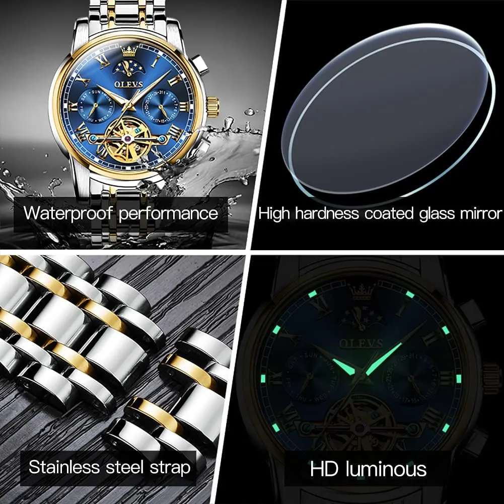 OLEVS Automatic Mechanical Watches for Men Self Winding Waterproof Stainless Steel Men's Wrist Watches Luxury Expensive Watch,Adjustable Bracelet (Gift Tool)
