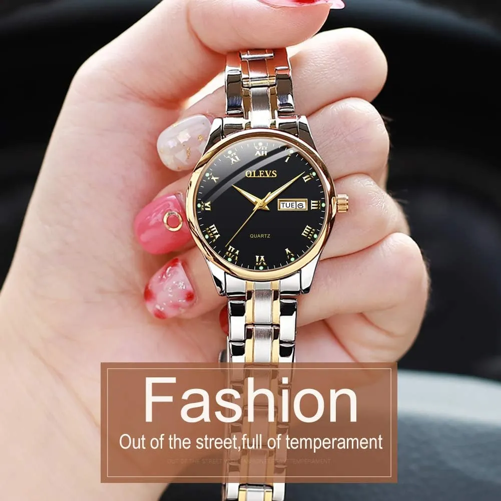 OLEVS Classic Watches for Women Analog Quartz Watch Stainless Steel Rugged Waterproof Watches Roman Numeral Unique Calendar Date Business Wrist Watch