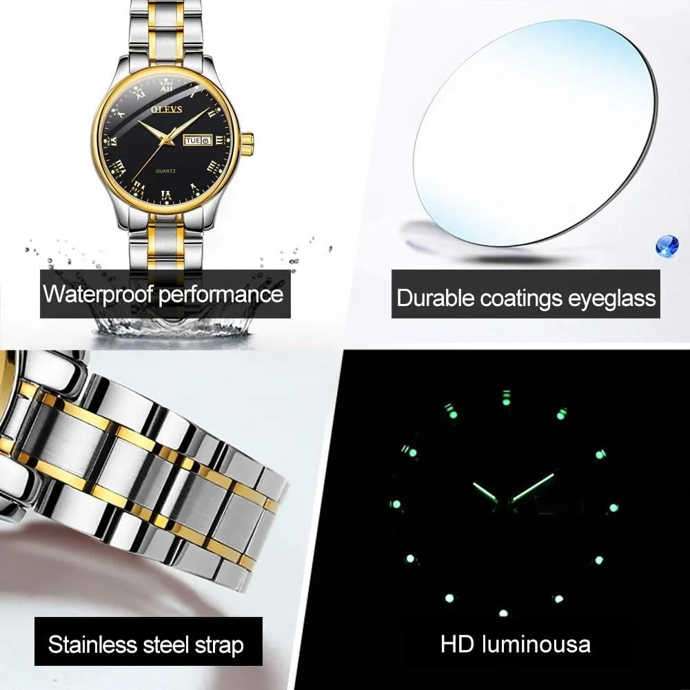OLEVS Classic Watches for Women Analog Quartz Watch Stainless Steel Rugged Waterproof Watches Roman Numeral Unique Calendar Date Business Wrist Watch