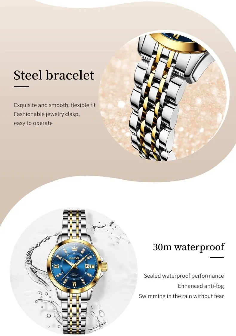 OLEVS Luxury Diamond Small Female Watches - Stainless Steel Bracelet, Waterproof Business Dress Analog Luminous Date Ladies Watches
