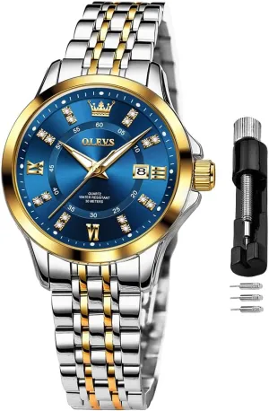 OLEVS Luxury Diamond Small Female Watches - Stainless Steel Bracelet, Waterproof Business Dress Analog Luminous Date Ladies Watches