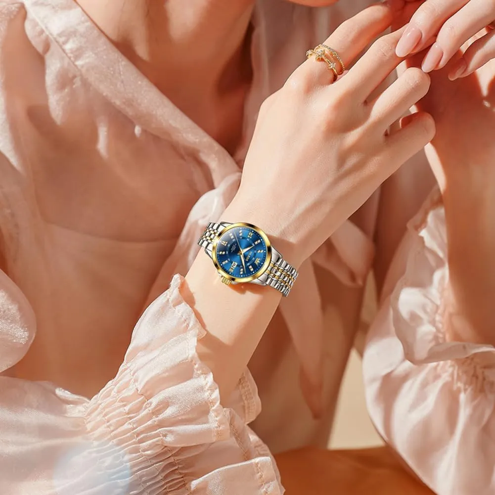 OLEVS Luxury Diamond Small Female Watches - Stainless Steel Bracelet, Waterproof Business Dress Analog Luminous Date Ladies Watches