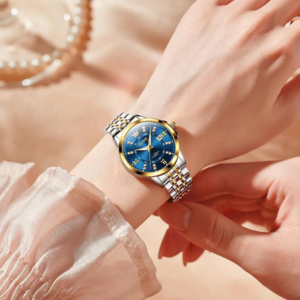 OLEVS Luxury Diamond Small Female Watches - Stainless Steel Bracelet, Waterproof Business Dress Analog Luminous Date Ladies Watches