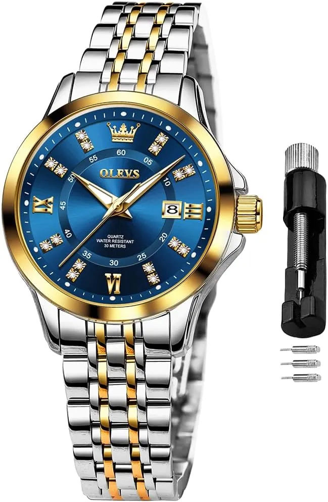 OLEVS Luxury Diamond Small Female Watches - Stainless Steel Bracelet, Waterproof Business Dress Analog Luminous Date Ladies Watches