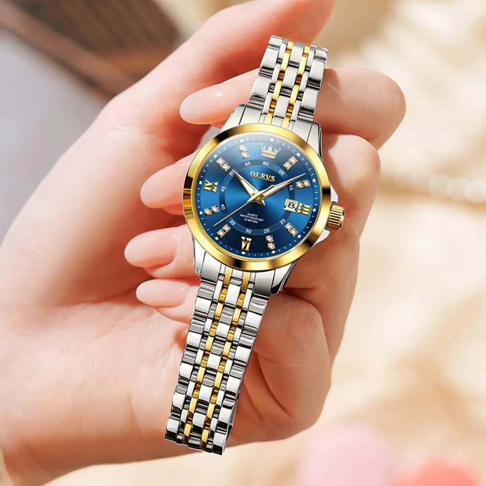 OLEVS Luxury Diamond Small Female Watches - Stainless Steel Bracelet, Waterproof Business Dress Analog Luminous Date Ladies Watches