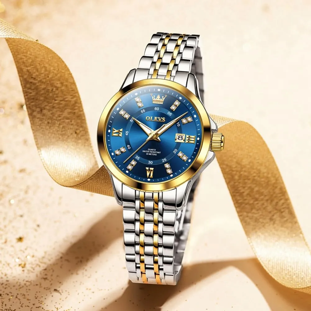 OLEVS Luxury Diamond Small Female Watches - Stainless Steel Bracelet, Waterproof Business Dress Analog Luminous Date Ladies Watches