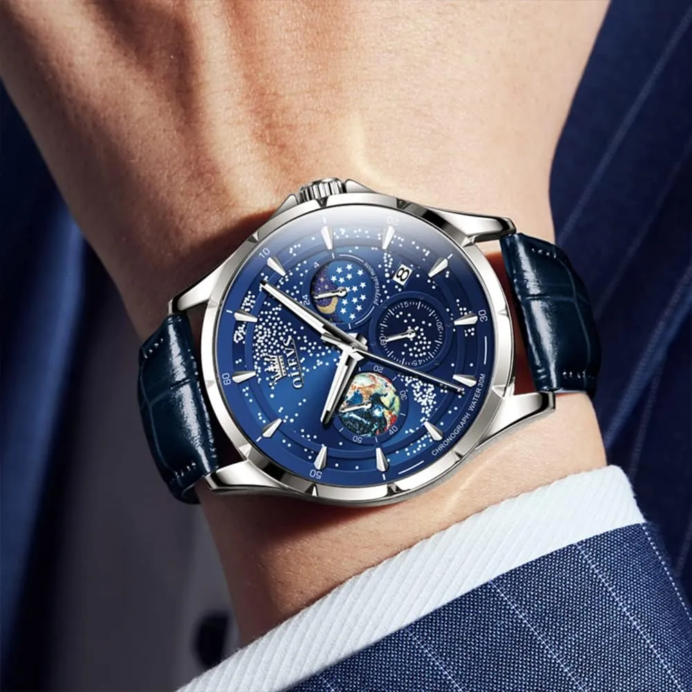 OLEVS Mens Watches Starry Sky Moon Phase Dial Luxury Business Dress Analog Quartz Classic Casual Date Wrist Watches Waterproof Luminous