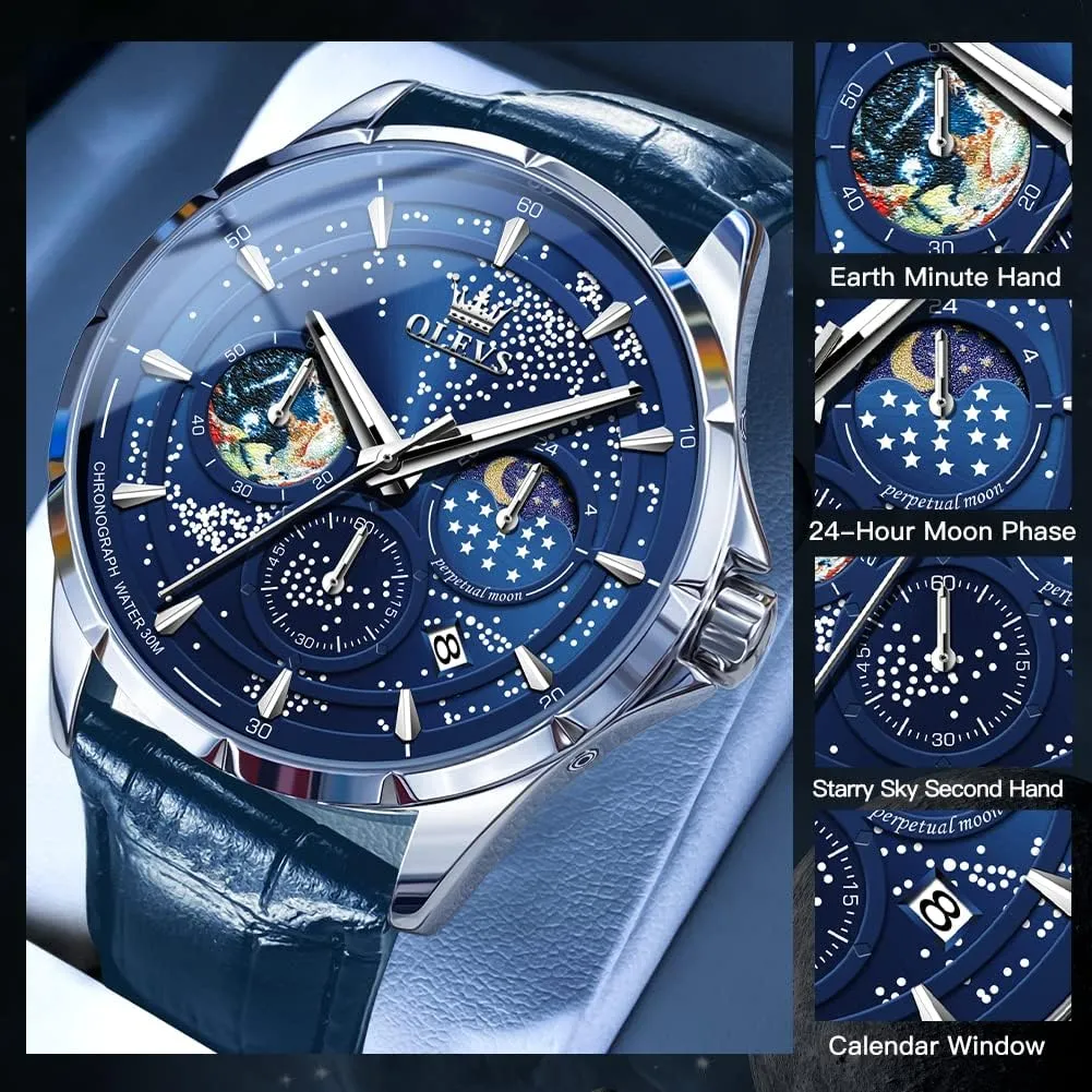 OLEVS Mens Watches Starry Sky Moon Phase Dial Luxury Business Dress Analog Quartz Classic Casual Date Wrist Watches Waterproof Luminous