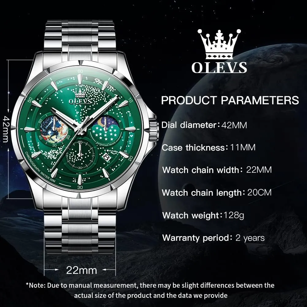OLEVS Mens Watches Starry Sky Moon Phase Dial Luxury Business Dress Analog Quartz Classic Casual Date Wrist Watches Waterproof Luminous