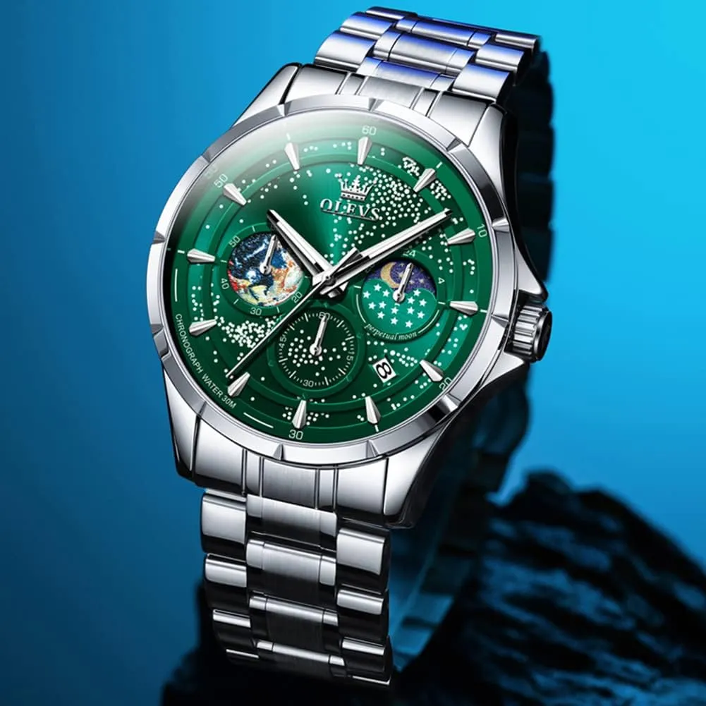 OLEVS Mens Watches Starry Sky Moon Phase Dial Luxury Business Dress Analog Quartz Classic Casual Date Wrist Watches Waterproof Luminous