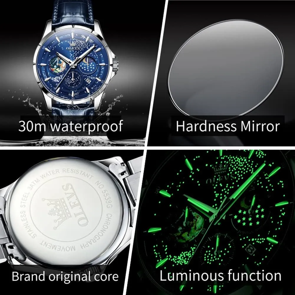 OLEVS Mens Watches Starry Sky Moon Phase Dial Luxury Business Dress Analog Quartz Classic Casual Date Wrist Watches Waterproof Luminous