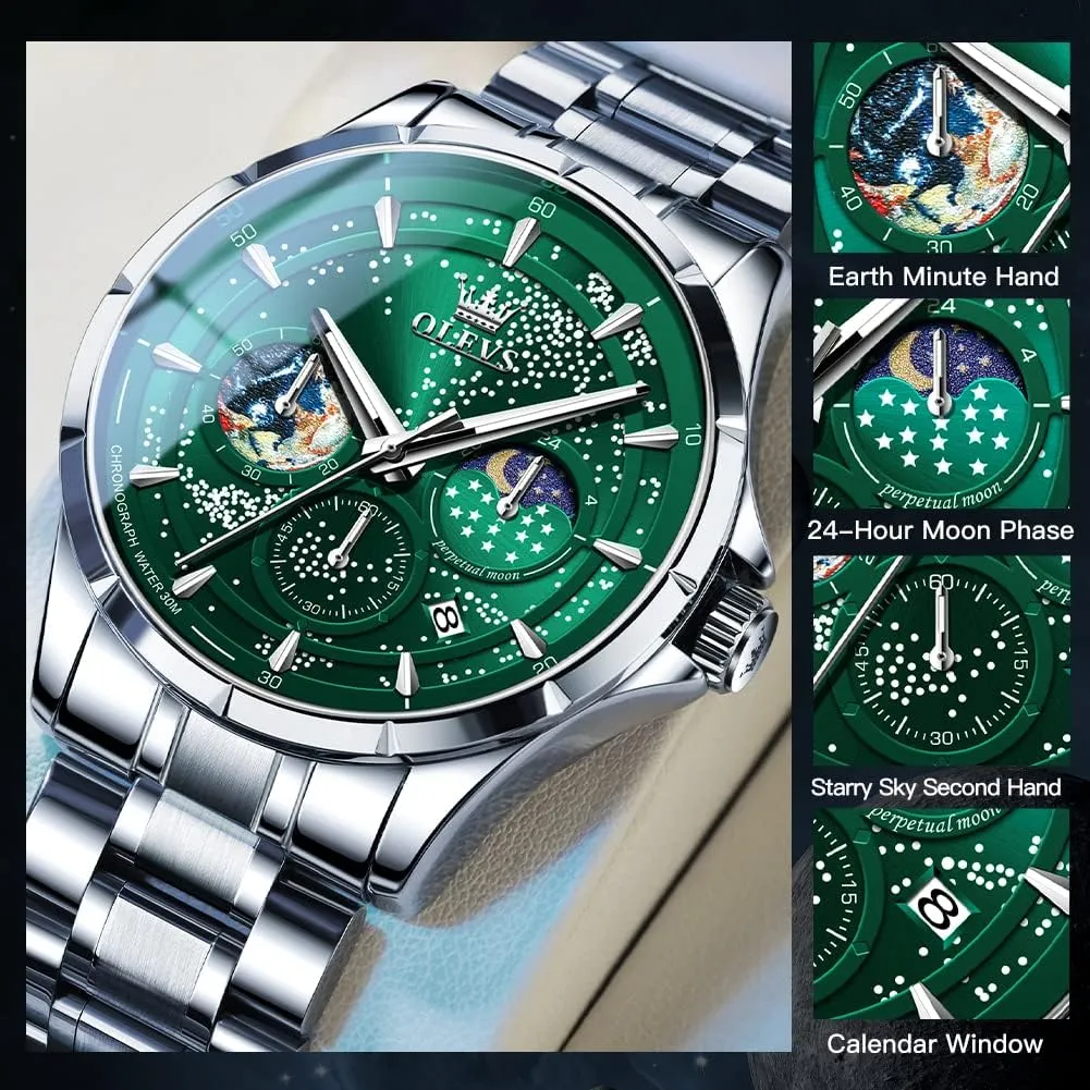 OLEVS Mens Watches Starry Sky Moon Phase Dial Luxury Business Dress Analog Quartz Classic Casual Date Wrist Watches Waterproof Luminous