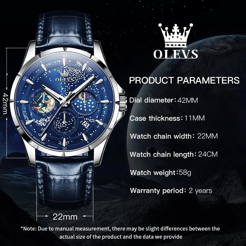 OLEVS Mens Watches Starry Sky Moon Phase Dial Luxury Business Dress Analog Quartz Classic Casual Date Wrist Watches Waterproof Luminous